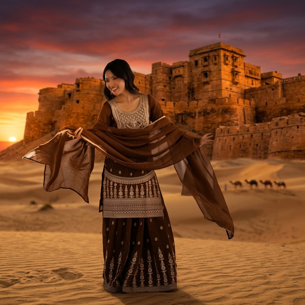 Model in brown embroidered sharara at Jaisalmer desert fort