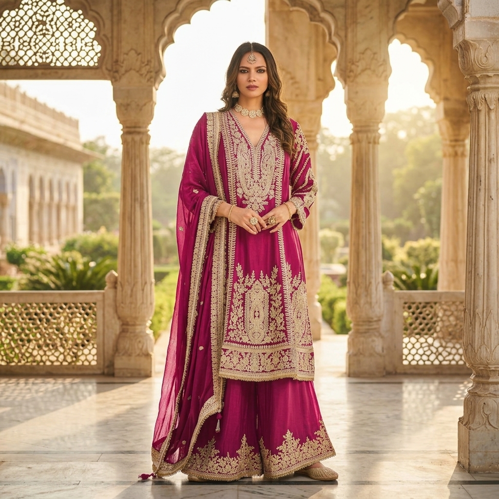 Model in magenta silk sharara at Mughal marble palace