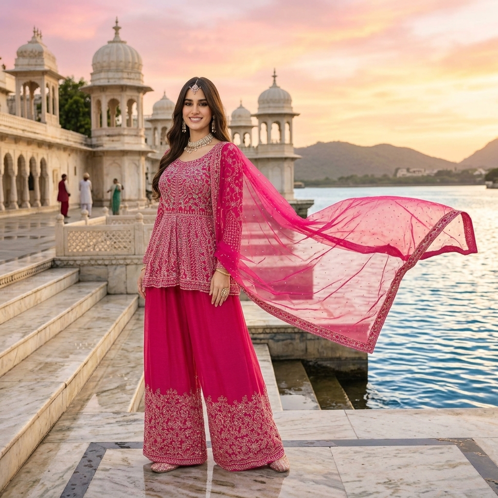 Model in hot pink peplum sharara at Udaipur lake palace