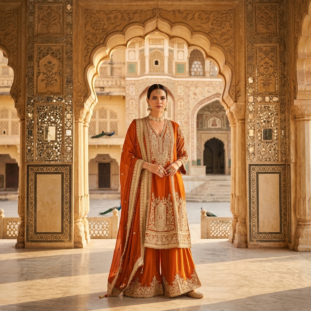 Model in orange zari gharara at Amber Fort Jaipur